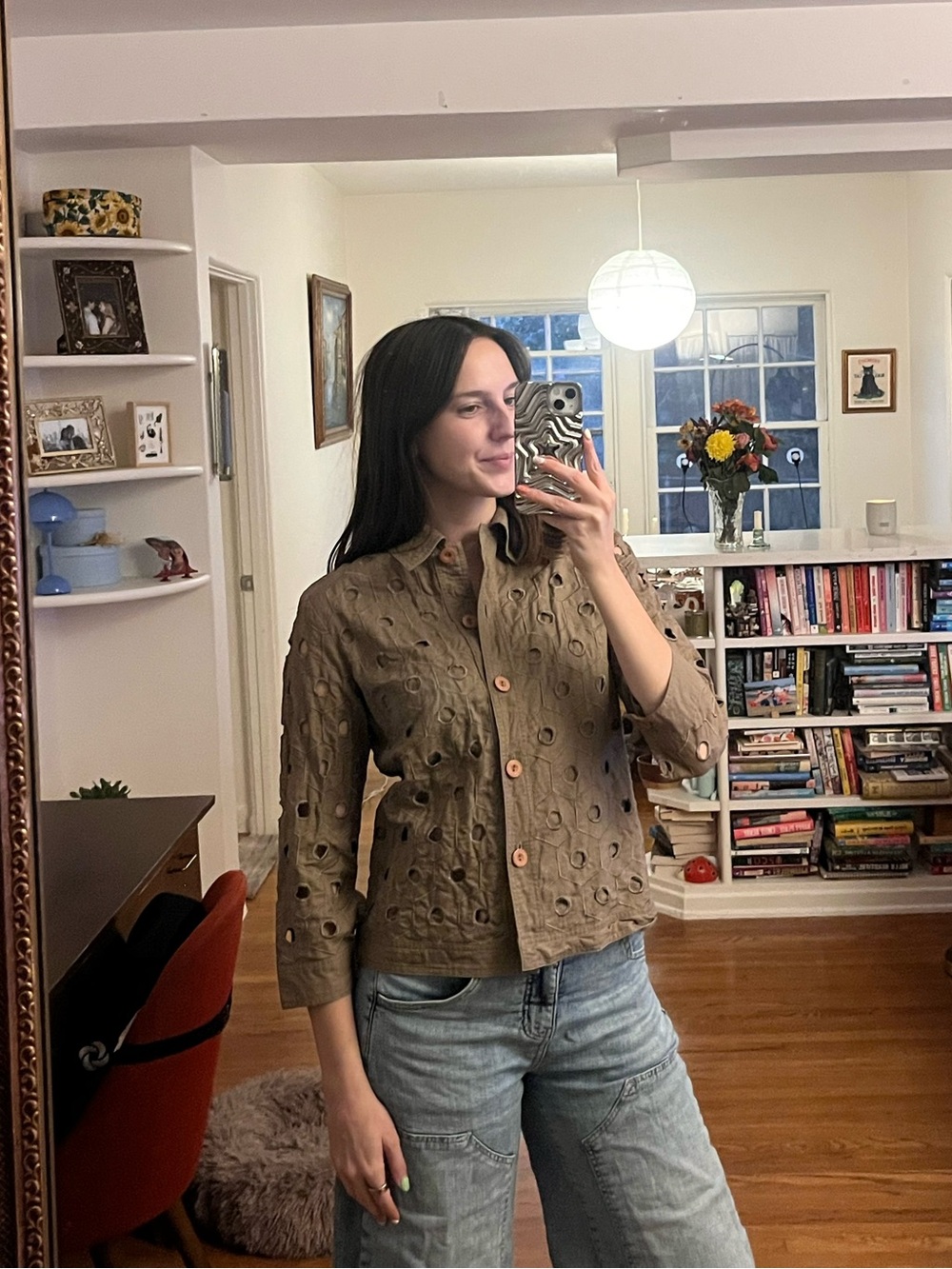 olive green Eyelet Button-Front Women's Top